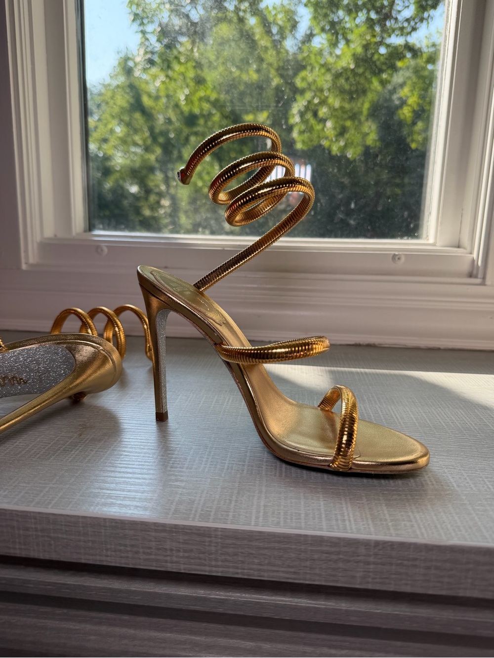 Rene Caovilla Metallic Gold Spiral Ankle-Strap Sandals - Picture 12 of 13